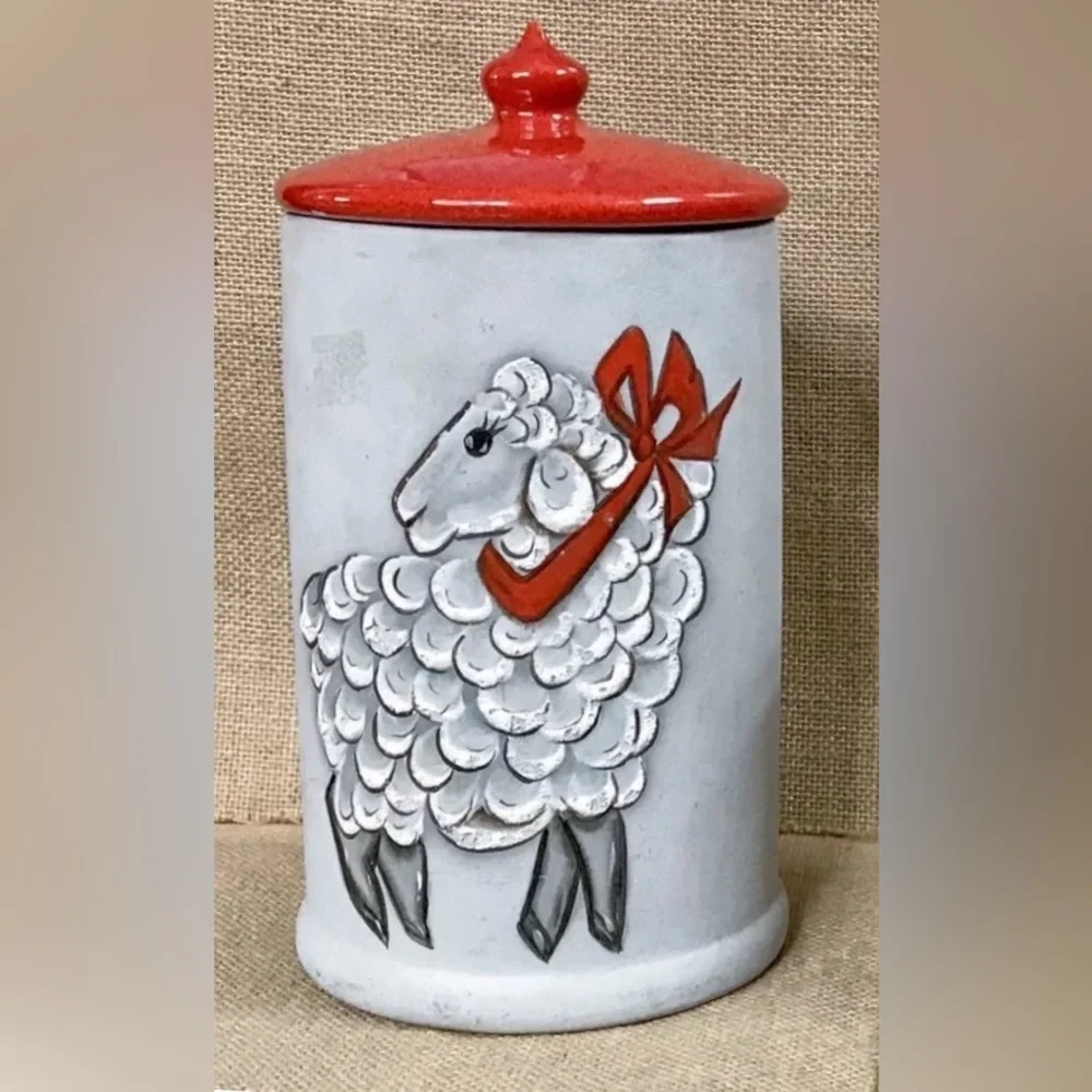 Vintage Sheep Treat Jar Tall Canister Country Kitsch Farm Cottage Core Whimsical